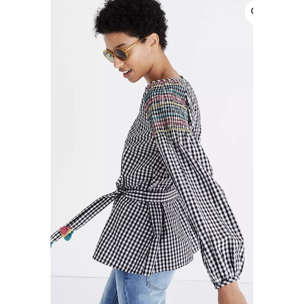 Madewell Women's Classic Blouse Size L Smocked Gingham Top Cotton